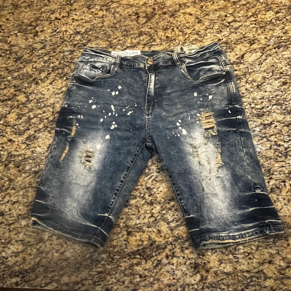 Industrial Indigo Masonry DNM Men Denim Shorts 34 Distressed Paint Splatter Blue